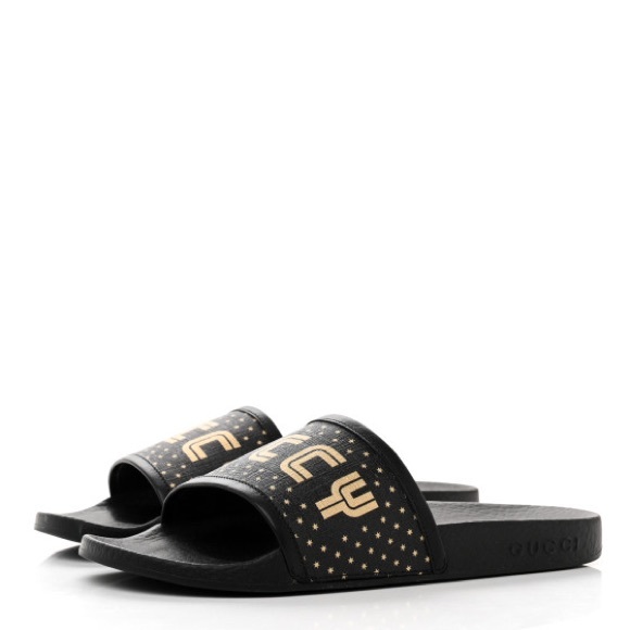 GUCCI X SEGA Supreme Canvas GUCCY Stars Womens Slide Sandals 39 Black Gold - Picture 9 of 10
